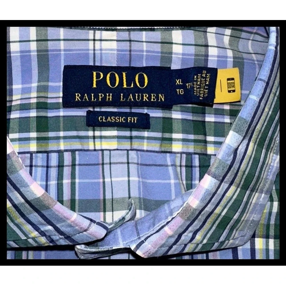 Polo Ralph Lauren Button Down Shirt Mens XL Blue Green‎ Plaid Classic Fit Preppy